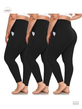 3 Pack Plus Size High Waisted Leggings with Pockets Tummy Control Yoga Pants